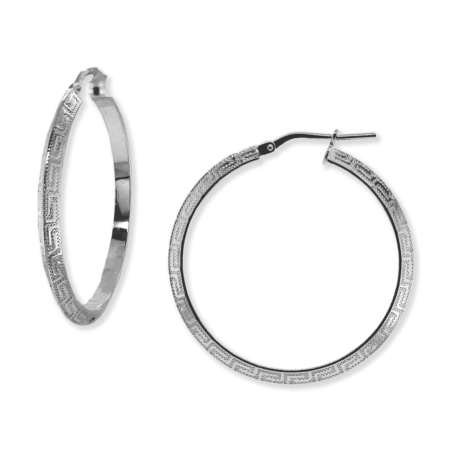 Sterling Silver Beveled Hoops w/Greek Key Detail
