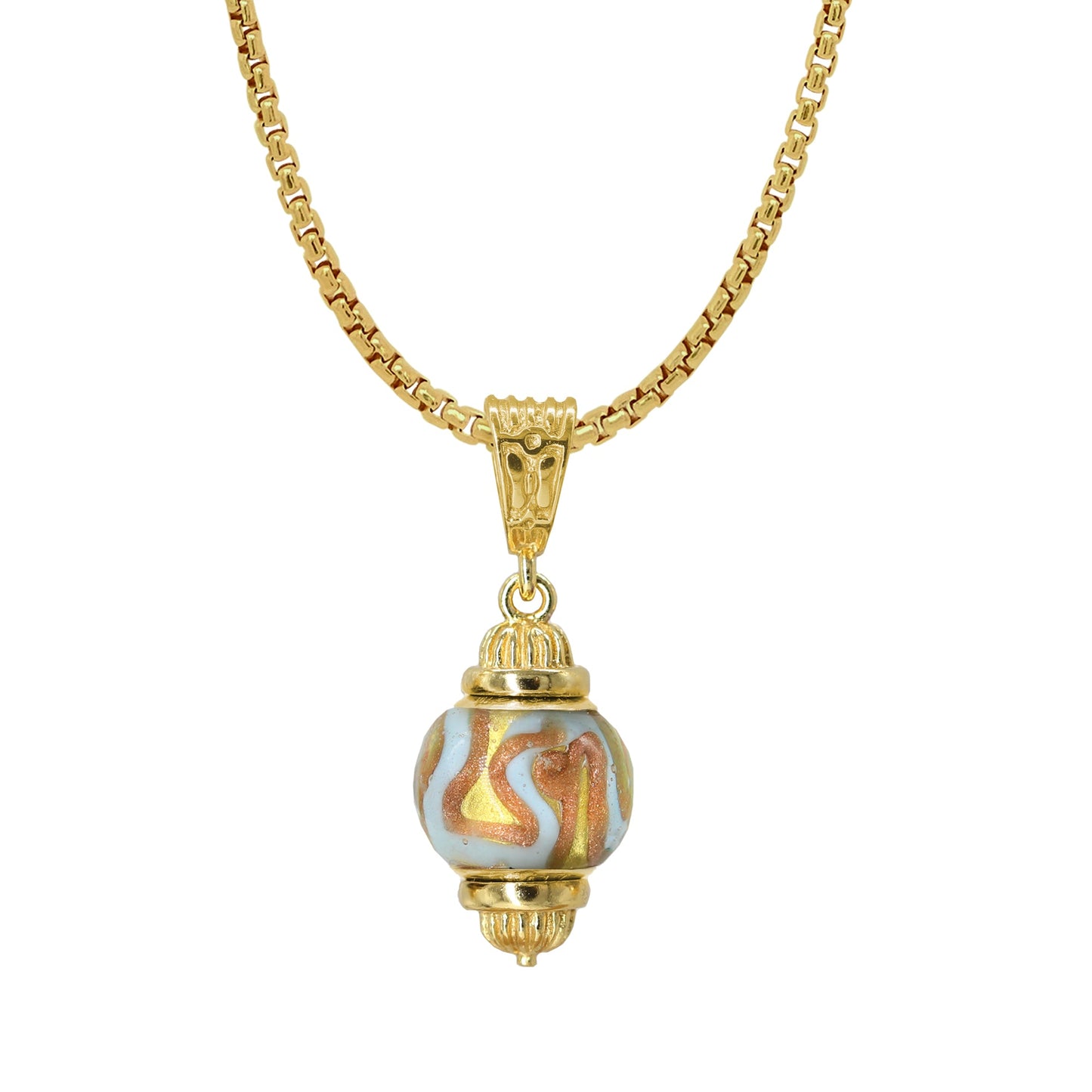 Stellari Gold Light Blue Swirl Murano Glass Zable Bead Necklace
