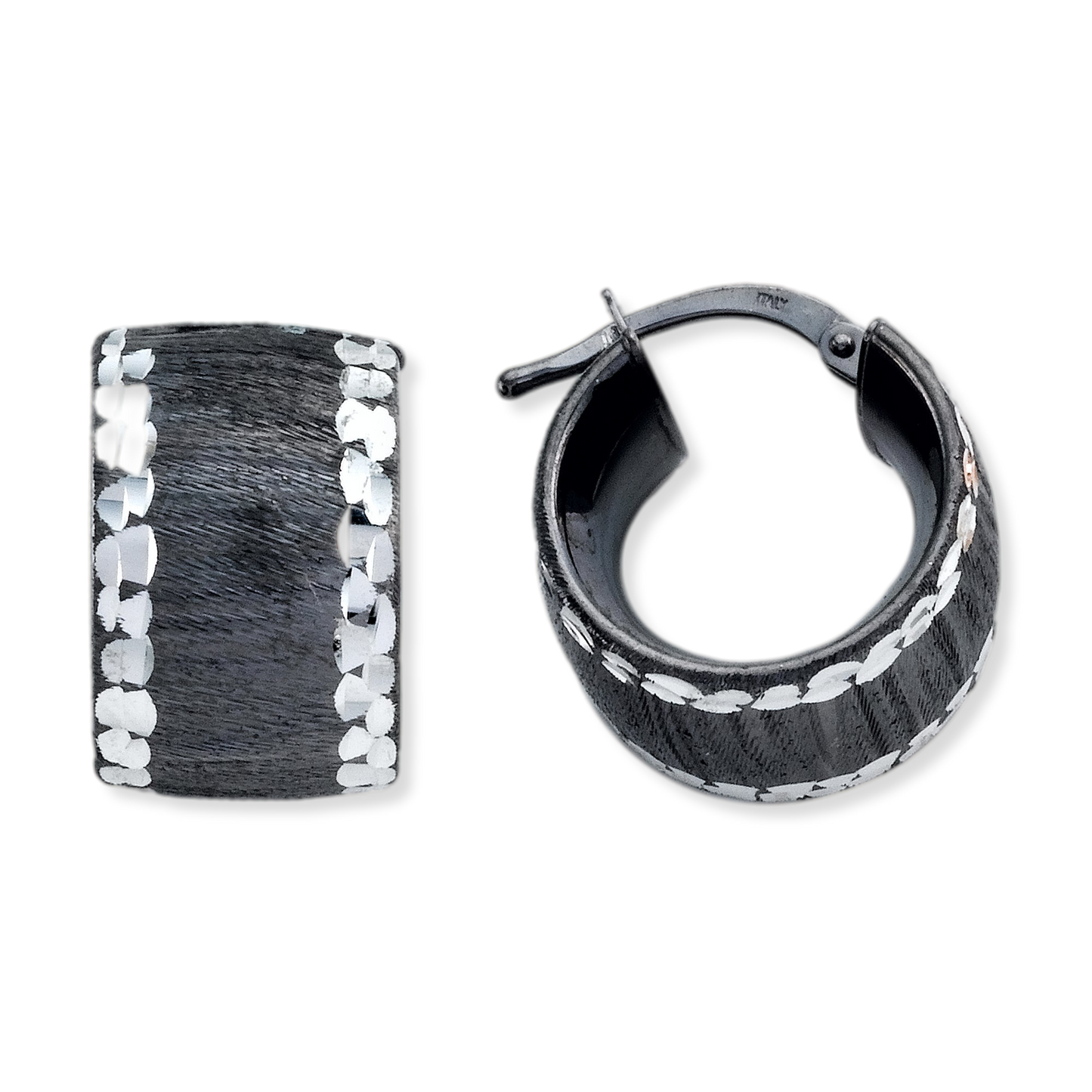 Franco Stellari Italian Sterling Silver Black Rhodium Huggie Hoop Earrings w/Diamond Cut Edge