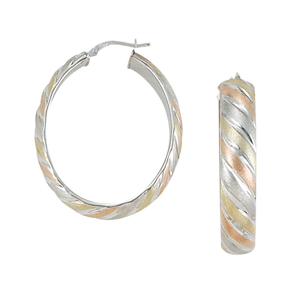 Franco Stellari Italian Sterling Silver Tricolor Gold Large Twist Design Hoop Earrings