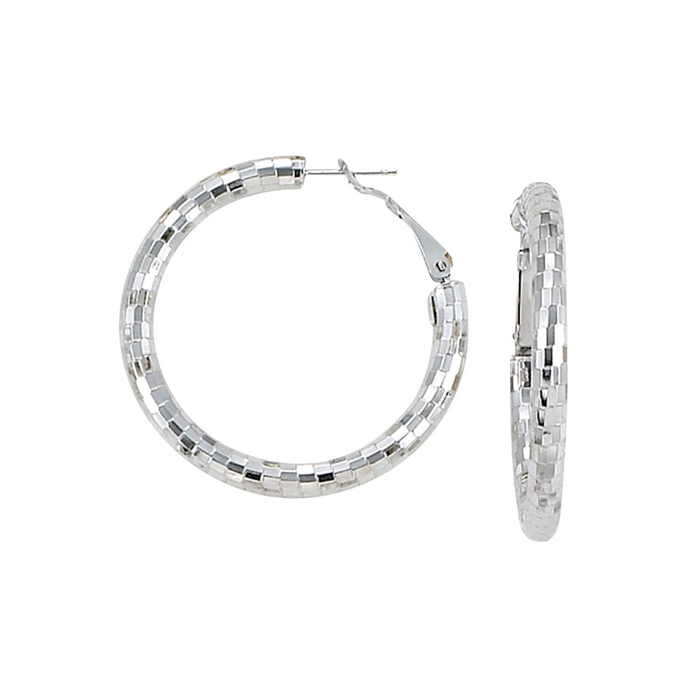 Faceted Disco Large Round Hoop Earrings w Omega Clip