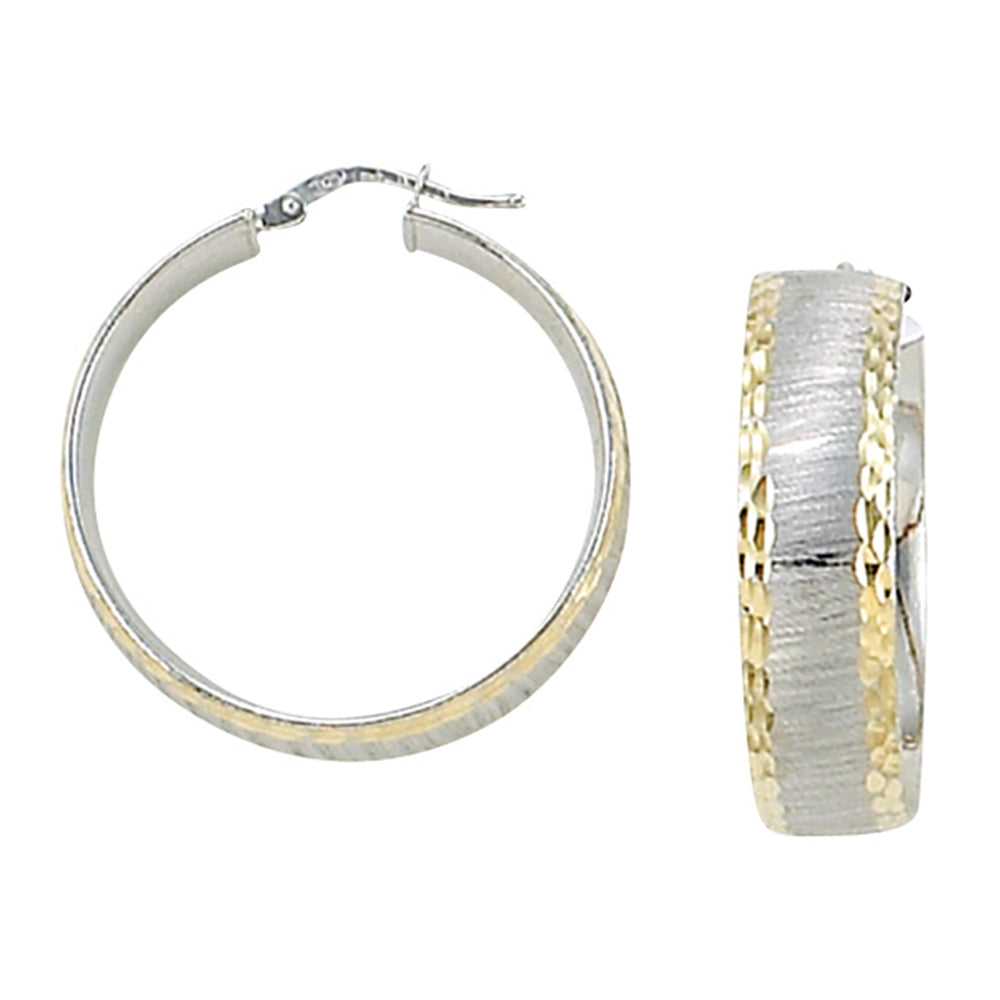 Franco Stellari Italian Sterling Silver Bold Hoop Earrings w/Yellow Gold Diamond Cut Edge