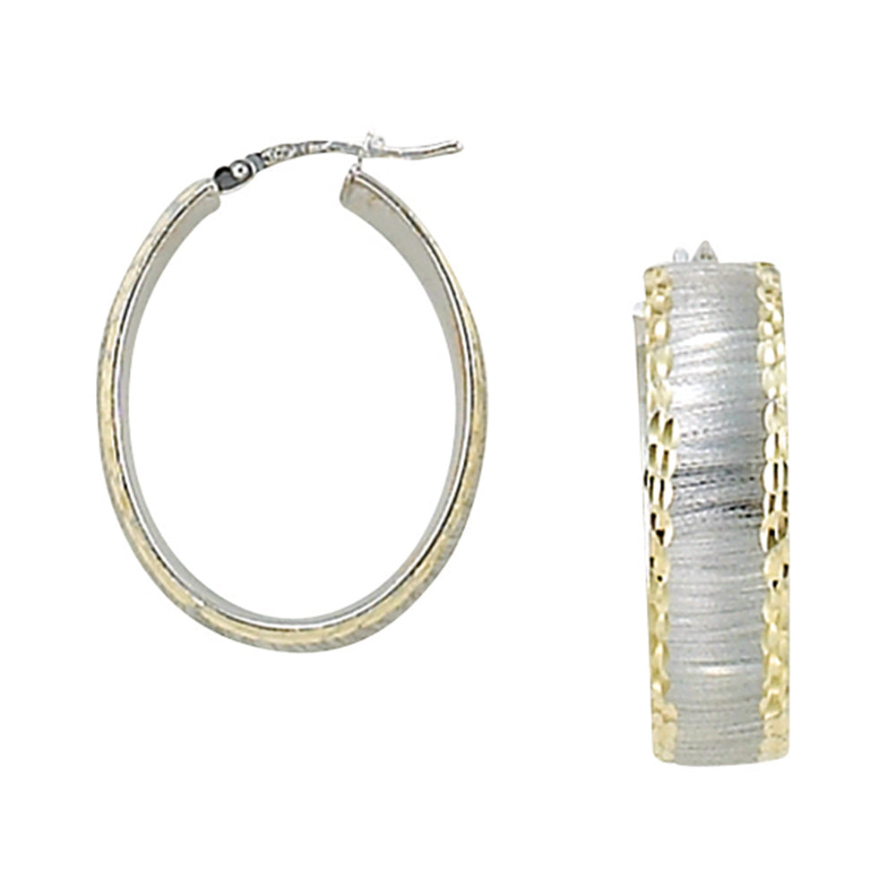 Franco Stellari Italian Sterling Silver Oval Hoop Earrings w/Yellow Gold Diamond Cut Edge