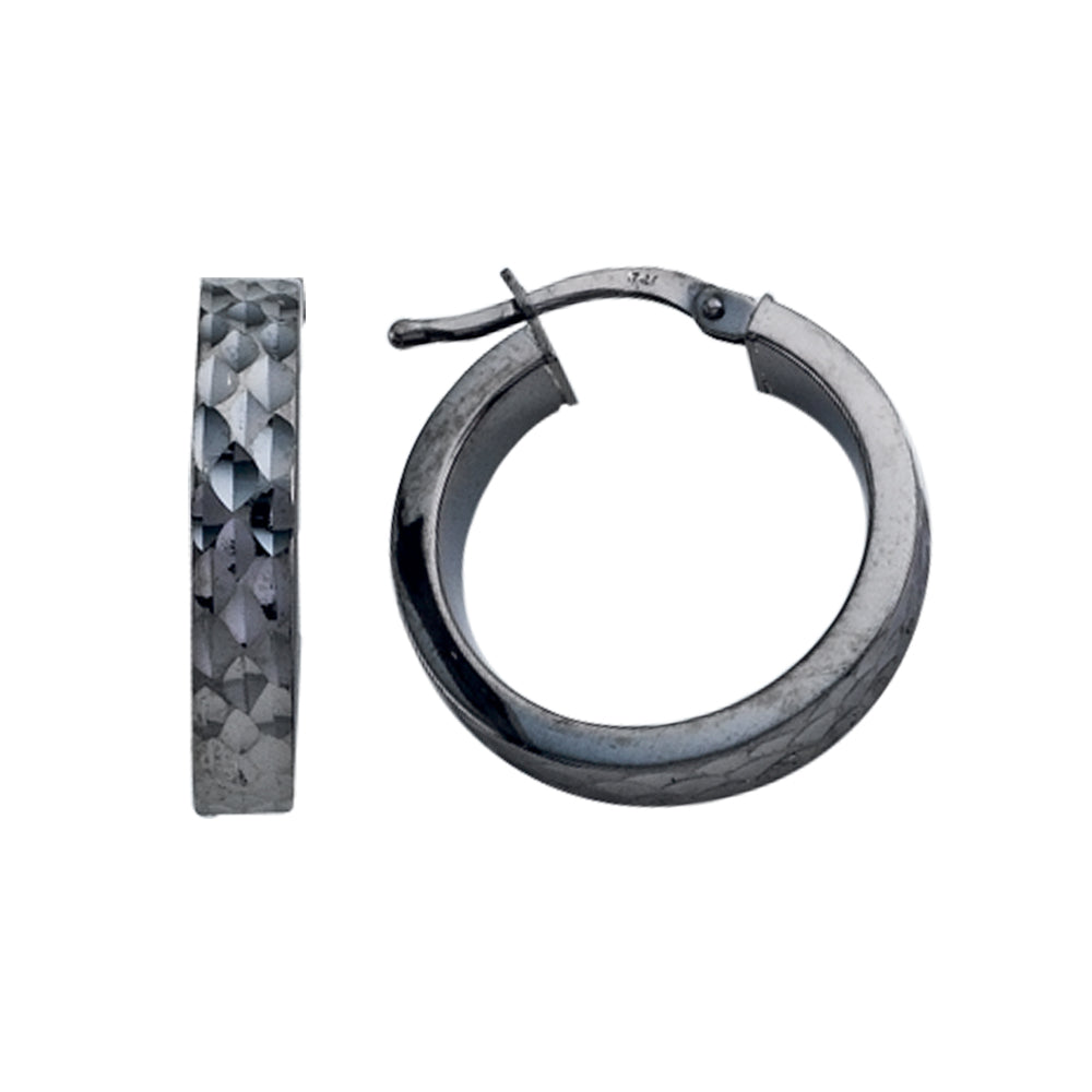 Franco Stellari Italian Sterling Silver Black Rhodium Small Round Diamond Cut Hoop Earrings