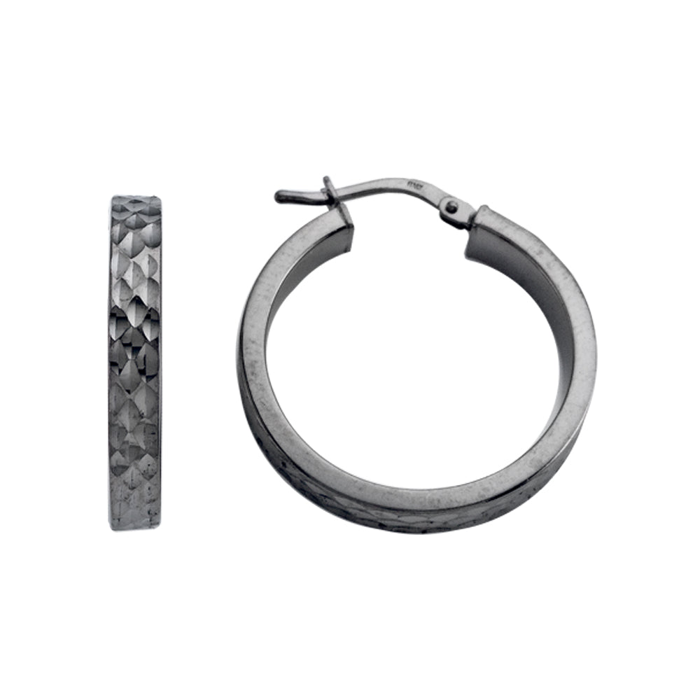 Franco Stellari Italian Sterling Silver Black Rhodium Medium Round Diamond Cut Hoop Earrings