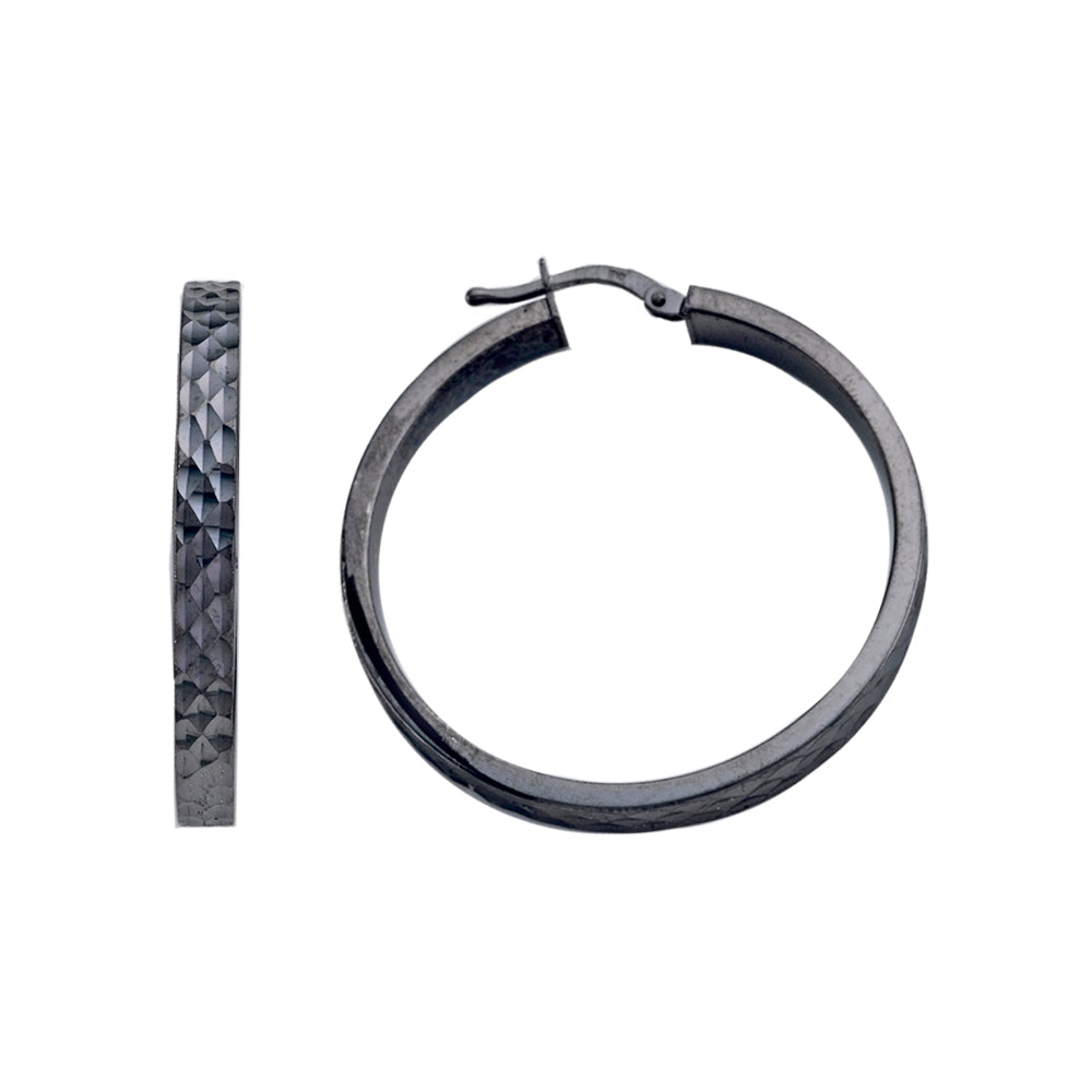 Franco Stellari Italian Sterling Silver Black Rhodium Large Round Diamond Cut Hoop Earrings