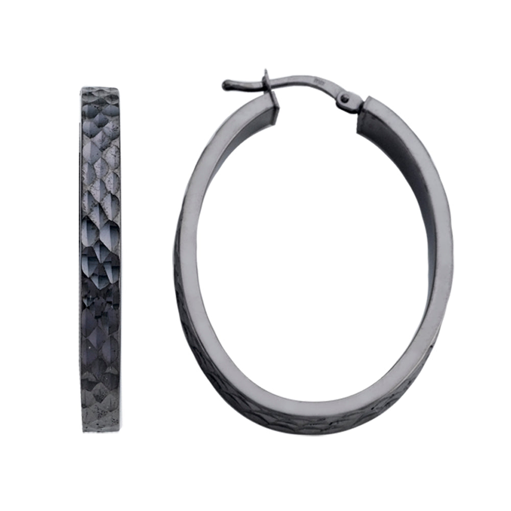 Franco Stellari Italian Sterling Silver Black Rhodium Large Oval Diamond Cut Hoop Earrings