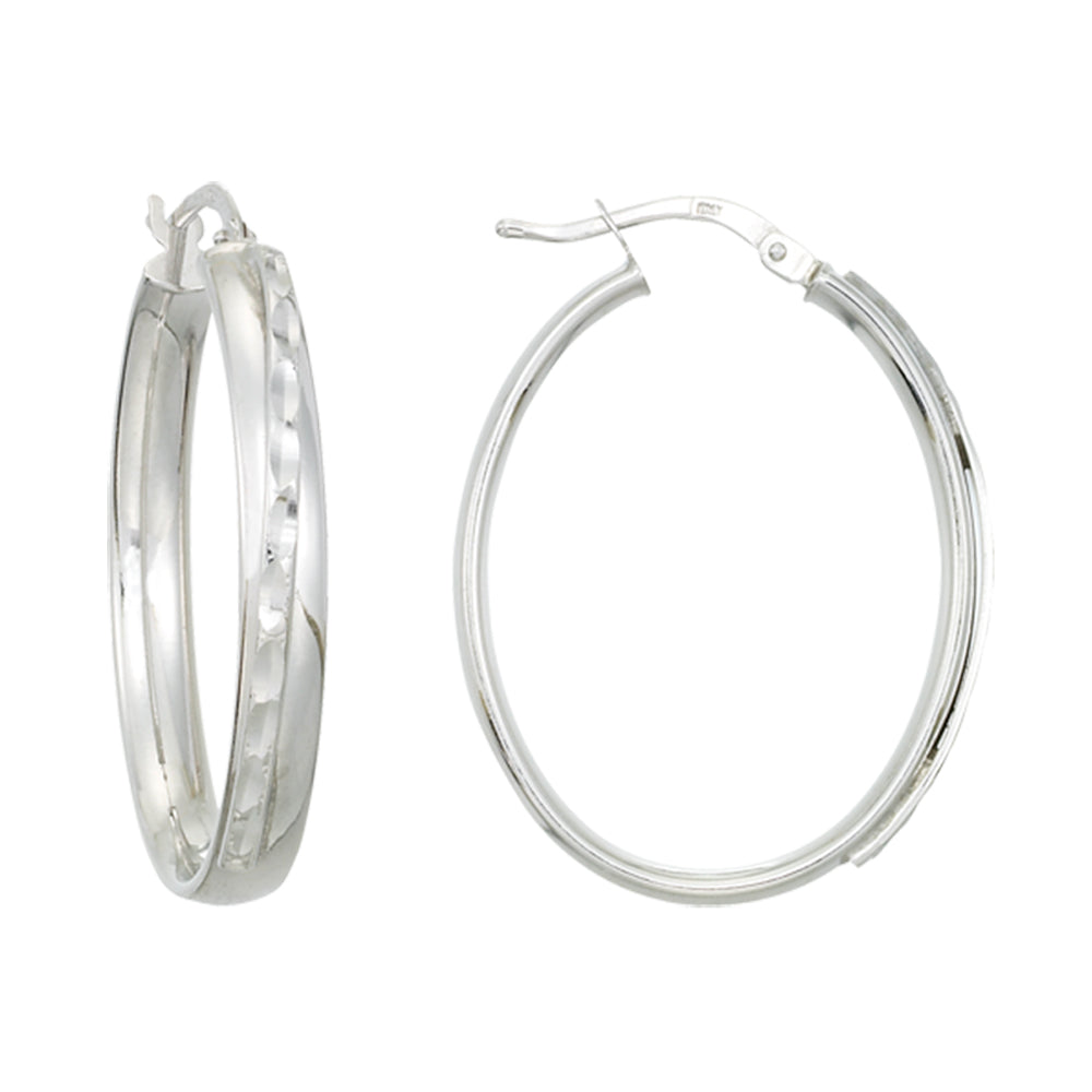 Franco Stellari Italian Sterling Silver Diagonal Diamond Cut Oval Hoop Earrings