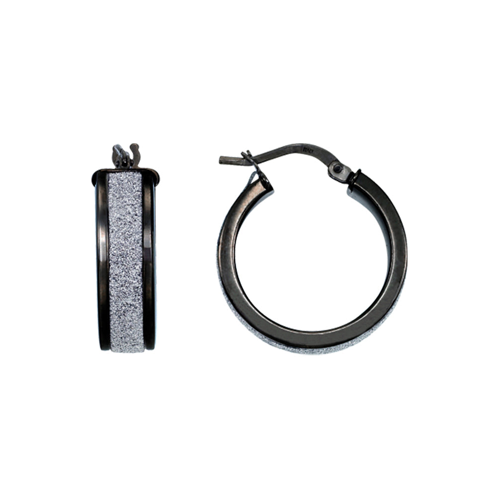 Franco Stellari Italian Sterling Silver Black Rhodium Diamond Blasted Center Hoop Earrings