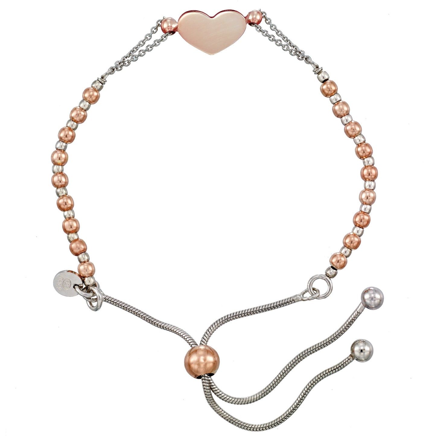 Franco Stellari Italian Sterling Silver Heart Rose/White Two-Tone Adjustable Bolo Bracelet