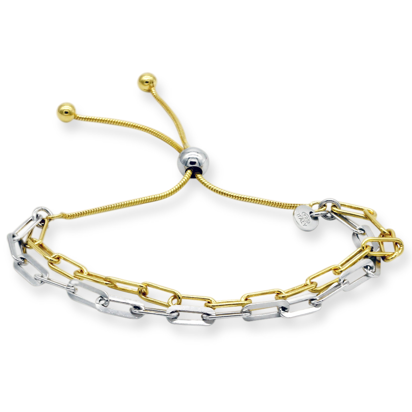 Franco Stellari Italian Sterling Silver Two-Tone Double Strand Paperclip Bolo Bracelet