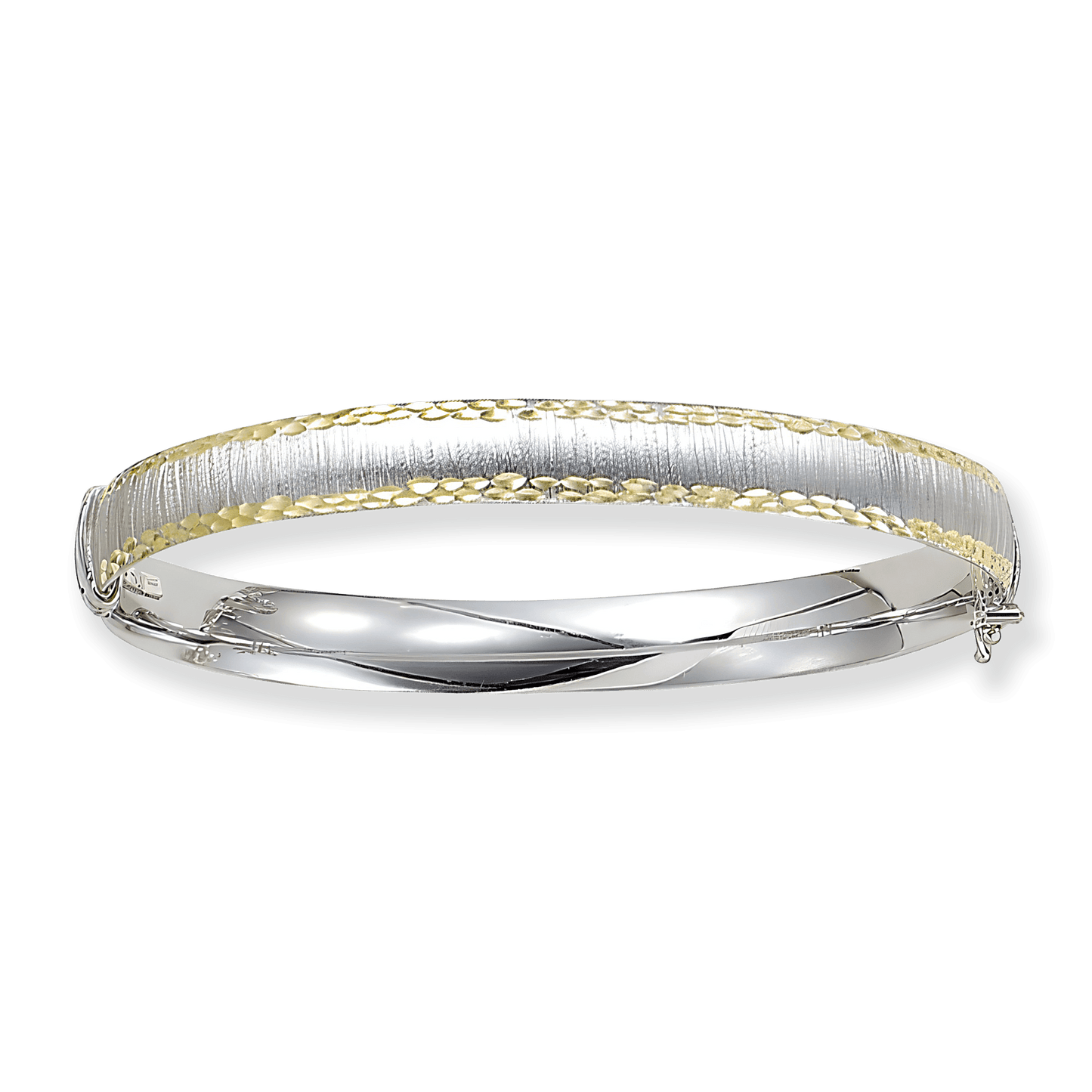 Franco Stellari Italian Sterling Silver 2-Tone Diamond Cut Edge Bangle Bracelet in brushed finish