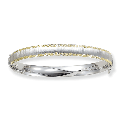 Franco Stellari Italian Sterling Silver 2-Tone Diamond Cut Edge Bangle Bracelet in brushed finish
