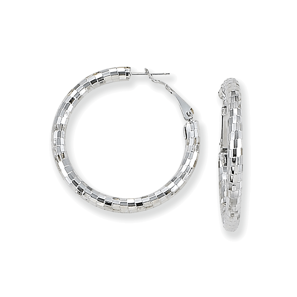 Franco Stellari Italian Sterling Silver Faceted Disco Large Round Hoop Earrings w/Omega Clip