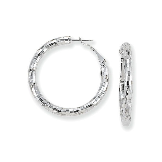 Franco Stellari Italian Sterling Silver Faceted Disco Large Round Hoop Earrings w/Omega Clip