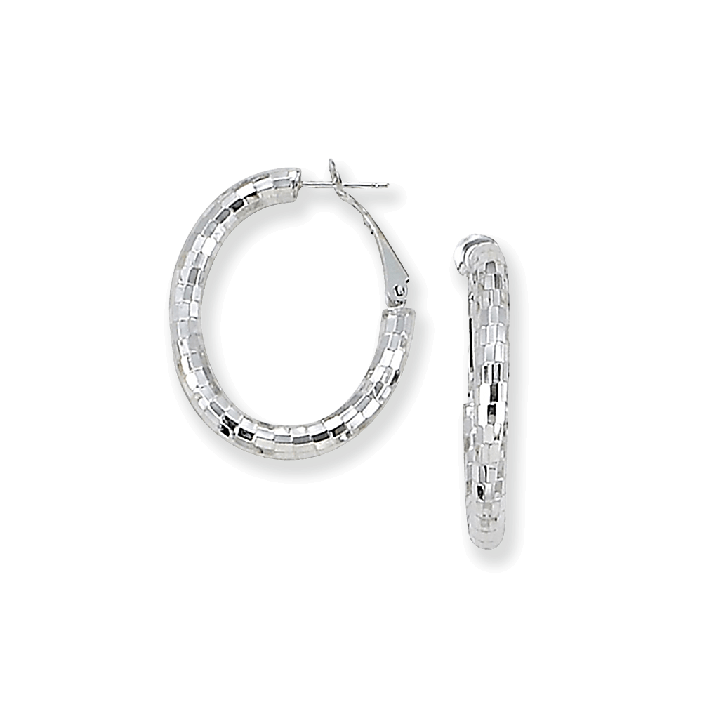 Franco Stellari Italian Sterling Silver Faceted Disco Small Oval Hoop Earrings w/Omega Clip