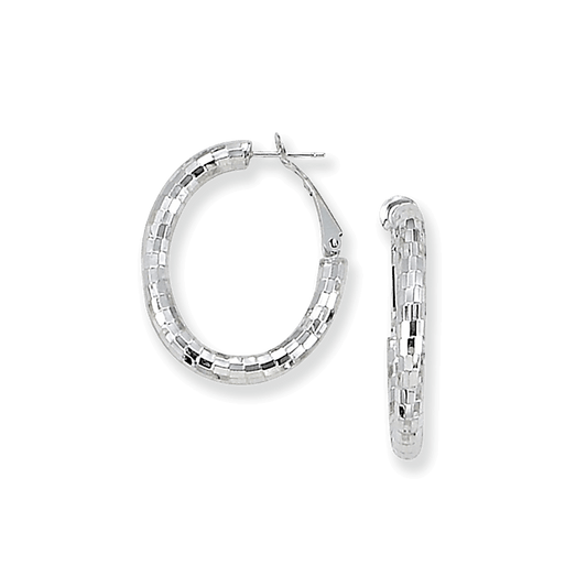 Franco Stellari Italian Sterling Silver Faceted Disco Small Oval Hoop Earrings w/Omega Clip