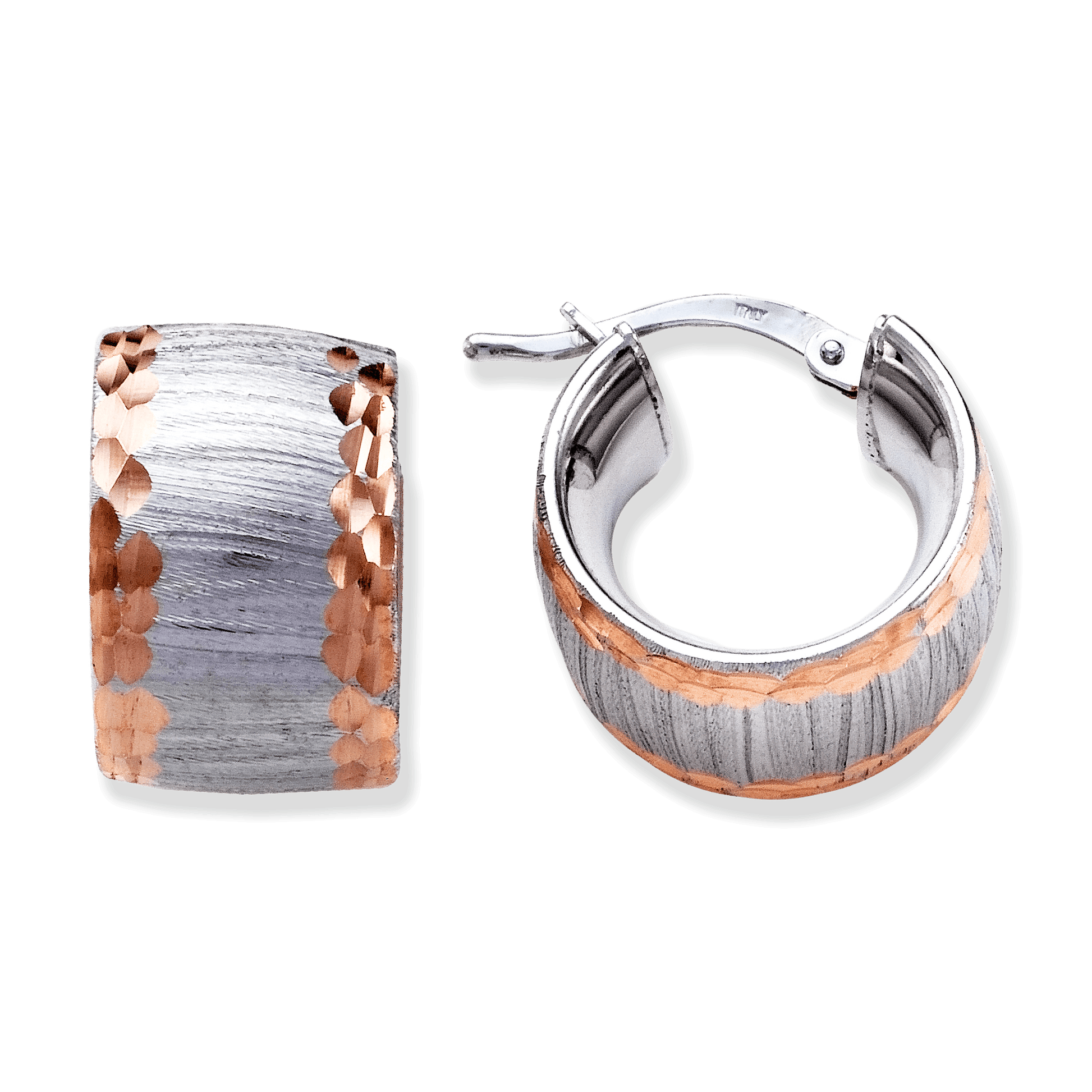 Franco Stellari Italian Sterling Silver Huggie Hoop Earrings w/Rose Gold Diamond Cut Edge