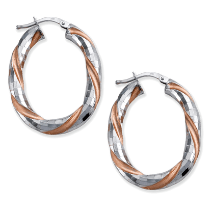 Franco Stellari Italian Sterling Silver & Rose Gold Oval Twist Hoop Earrings