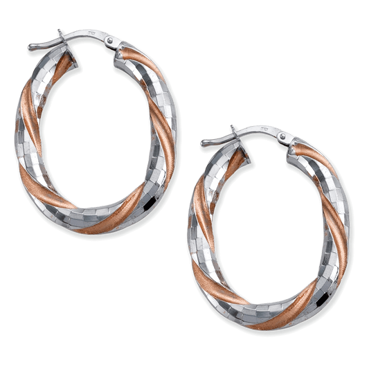 Franco Stellari Italian Sterling Silver & Rose Gold Oval Twist Hoop Earrings