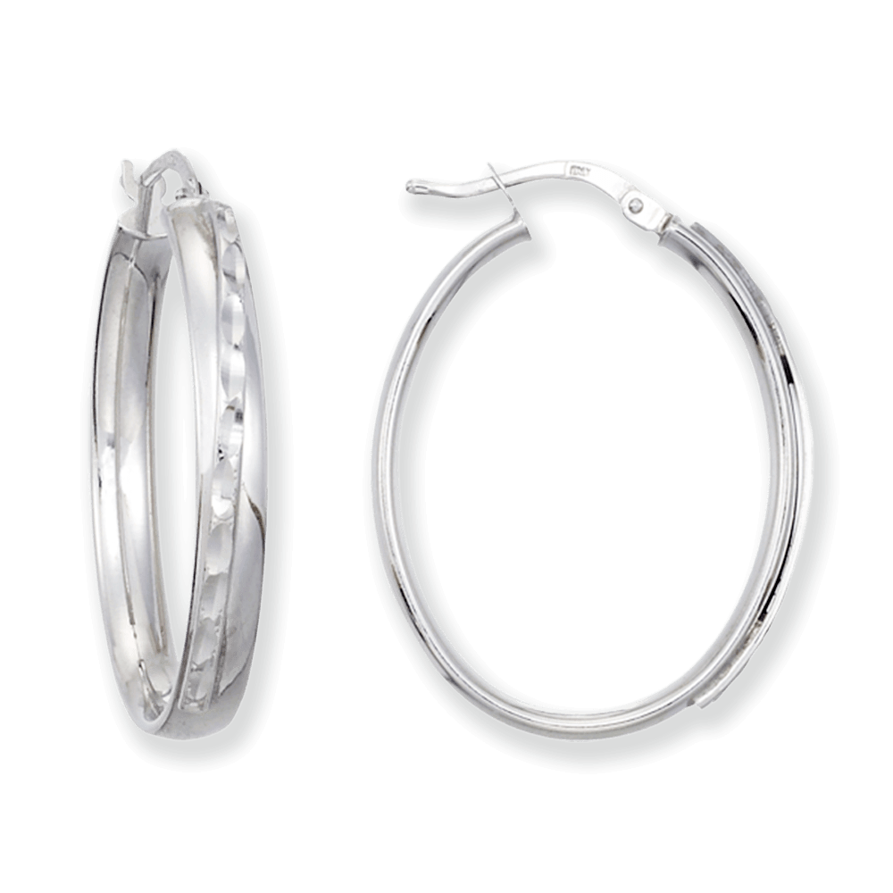 Franco Stellari Italian Sterling Silver Diagonal Diamond Cut Oval Hoop Earrings