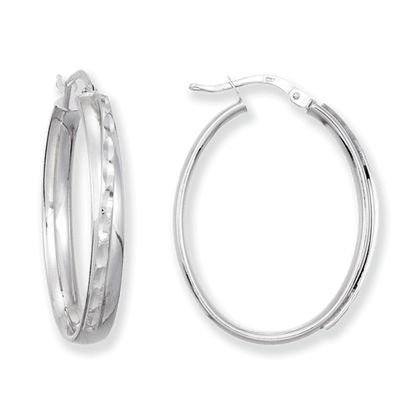 Franco Stellari Italian Sterling Silver Diagonal Diamond Cut Oval Hoop Earrings