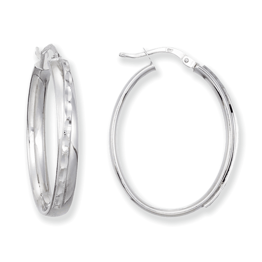 Franco Stellari Italian Sterling Silver Diagonal Diamond Cut Oval Hoop Earrings