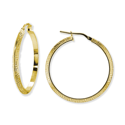 Stellari Gold Beveled Hoops w/Greek Key Detail