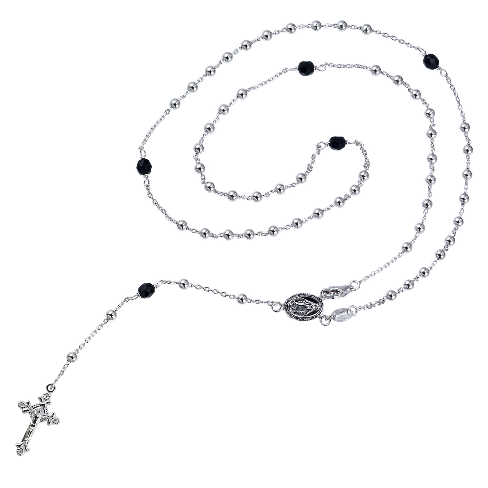 Franco Stellari Italian Sterling Silver and Onyx Rosary Bead Necklace