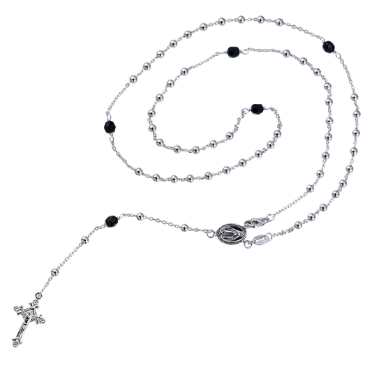 Franco Stellari Italian Sterling Silver and Onyx Rosary Bead Necklace