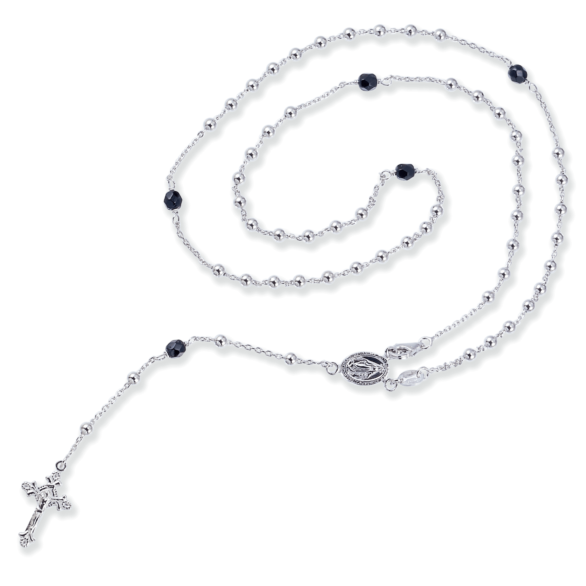 Franco Stellari Italian Sterling Silver and Onyx Rosary Bead Necklace