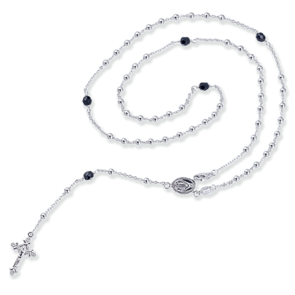 Franco Stellari Italian Sterling Silver and Onyx Rosary Bead Necklace