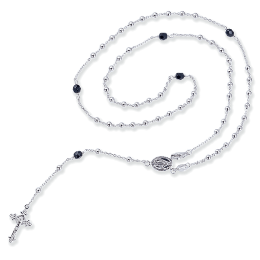 Franco Stellari Italian Sterling Silver and Onyx Rosary Bead Necklace