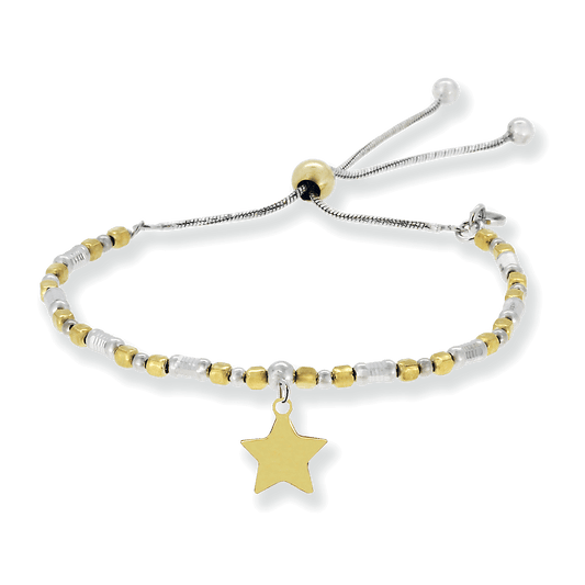 Franco Stellari Italian Sterling Silver Two-Tone Beads Dangle Star Bolo Bracelet
