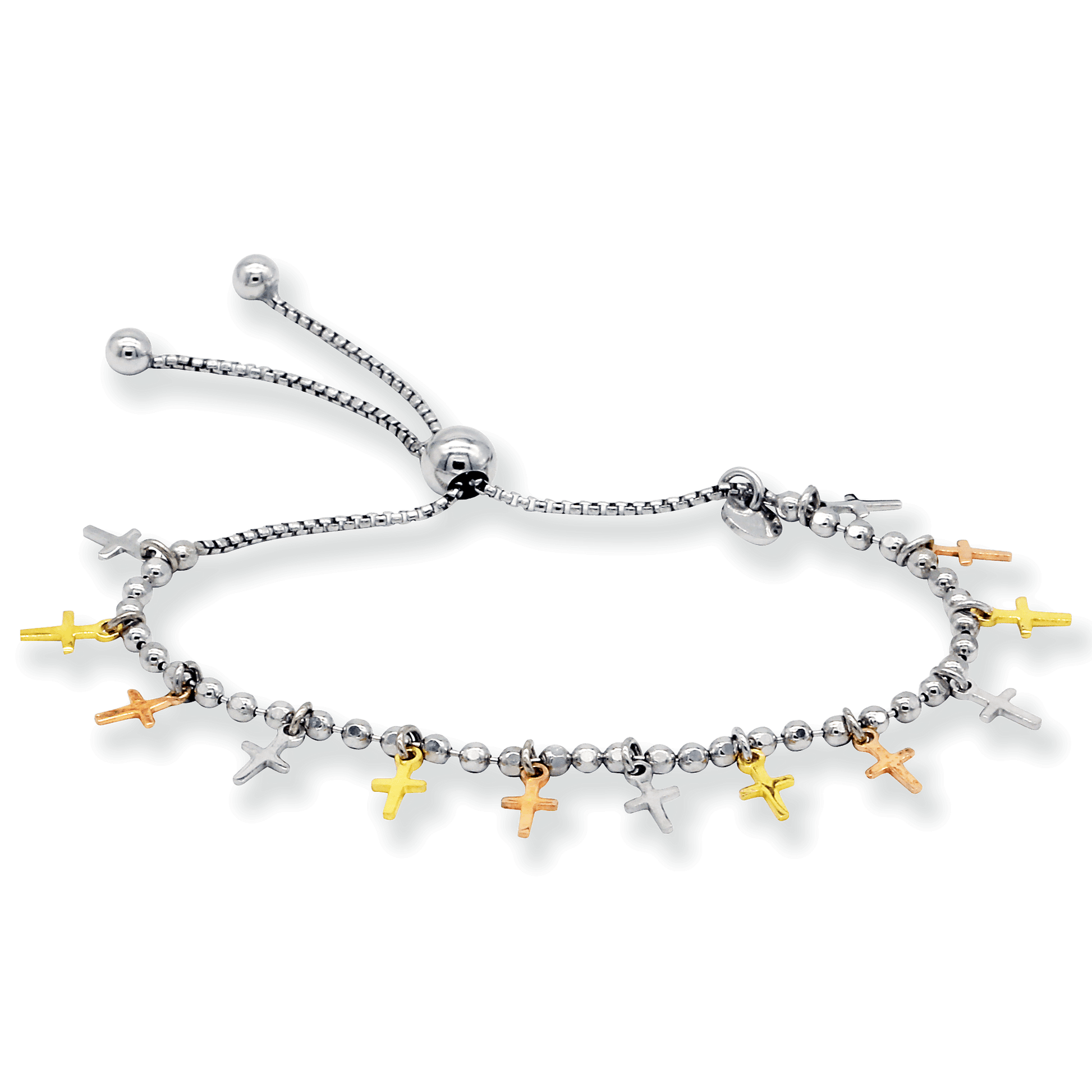 Franco Stellari Italian Sterling Silver Tricolor Dangle Crosses Beaded Bolo Bracelet