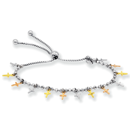 Franco Stellari Italian Sterling Silver Tricolor Dangle Crosses Beaded Bolo Bracelet