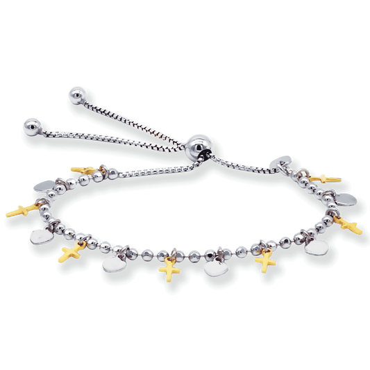 Stellari Gold Two-Tone Cross Bolo Bracelet in Gold-Bonded Sterling Silver