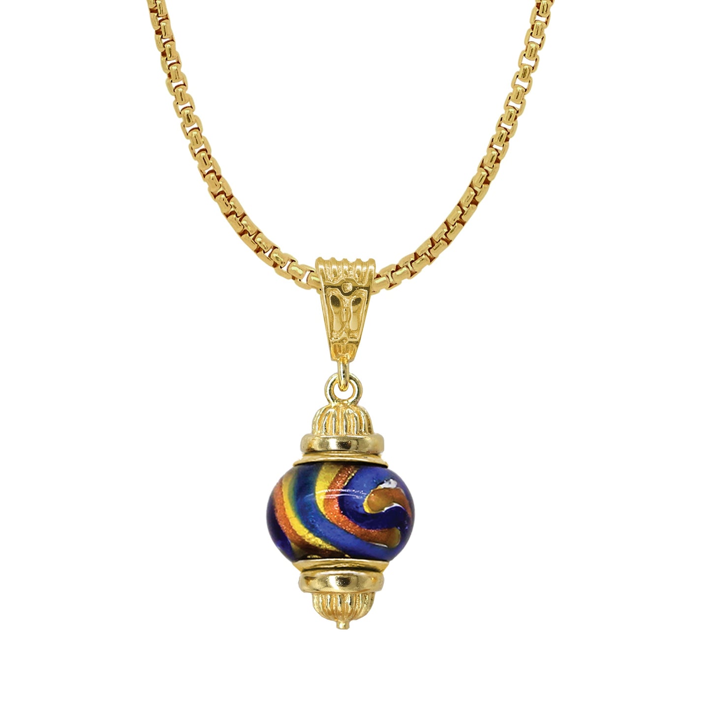 Stellari Gold Blue Swirl Murano Glass Zable Bead Necklace