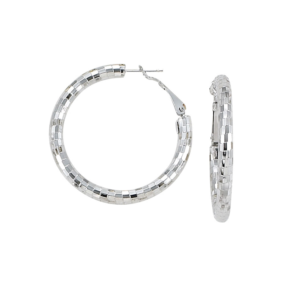 Franco Stellari Italian Sterling Silver Faceted Disco Large Round Hoop Earrings w/Omega Clip