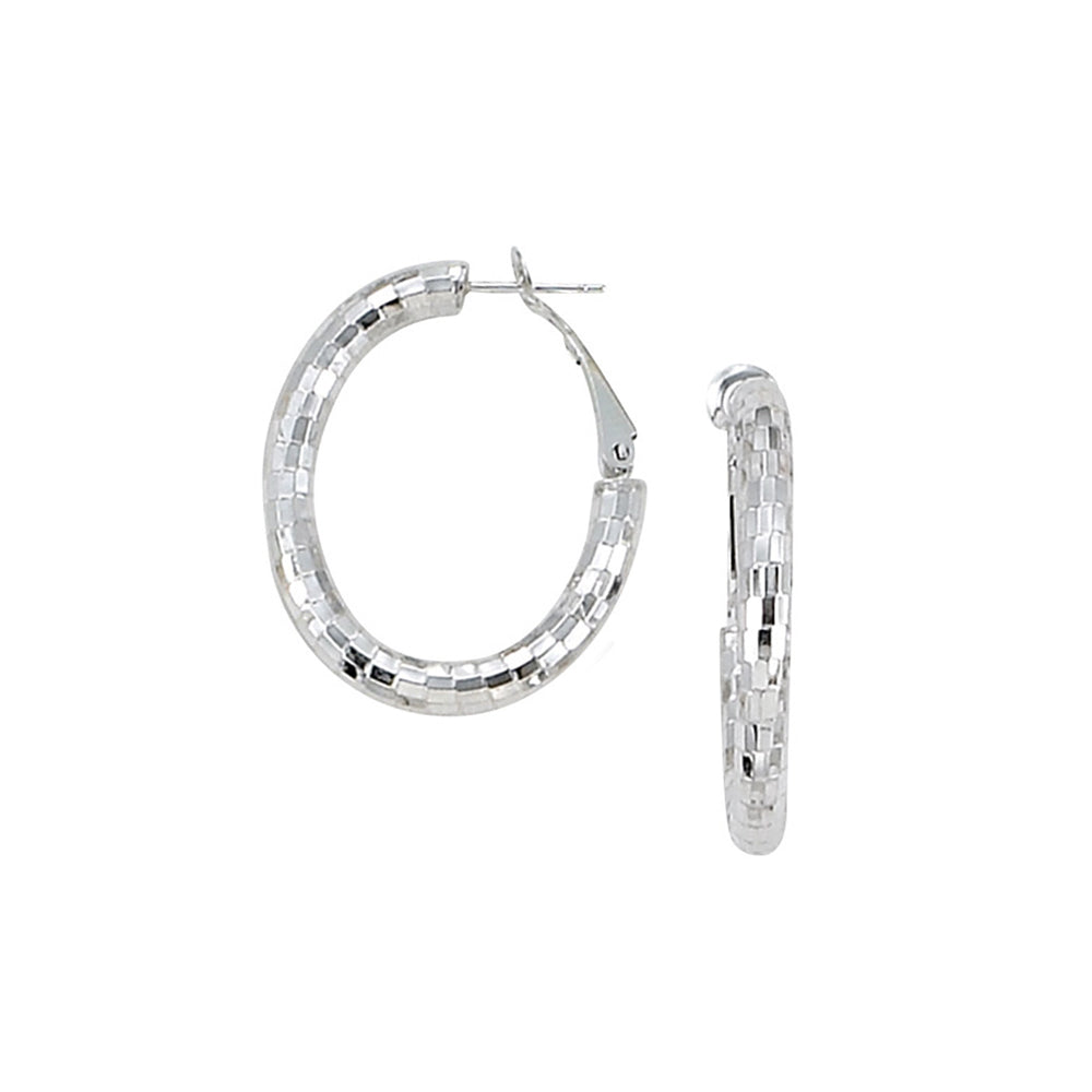 Franco Stellari Italian Sterling Silver Faceted Disco Small Oval Hoop Earrings w/Omega Clip