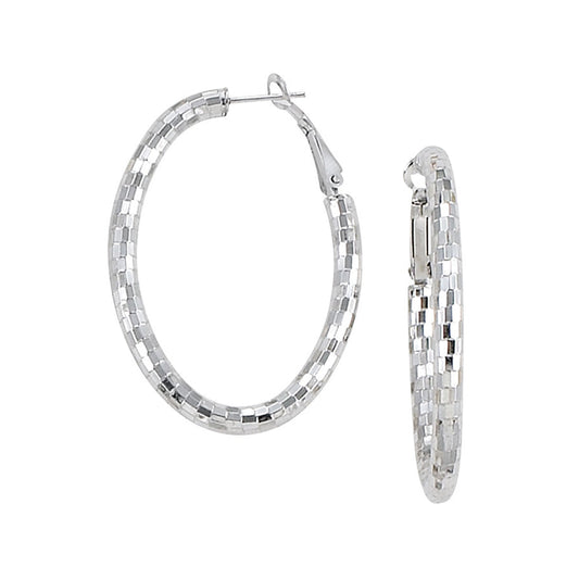 Franco Stellari Italian Sterling Silver Faceted Disco Large Oval Hoop Earrings w/Omega Clip