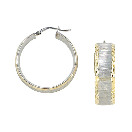 Franco Stellari Italian Sterling Silver Large Hoop Earrings w/Yellow Gold Diamond Cut Edge