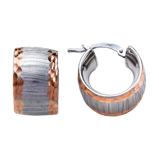 Franco Stellari Italian Sterling Silver Huggie Hoop Earrings w/Rose Gold Diamond Cut Edge