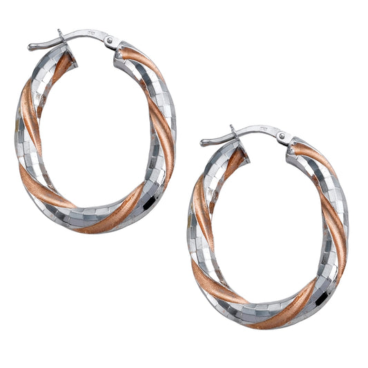 Franco Stellari Italian Sterling Silver & Rose Gold Oval Twist Hoop Earrings