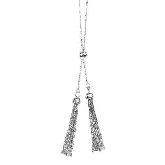 Franco Stellari Italian Sterling Silver Sparkle Rope Double Tassel Lariat Necklace, 28"