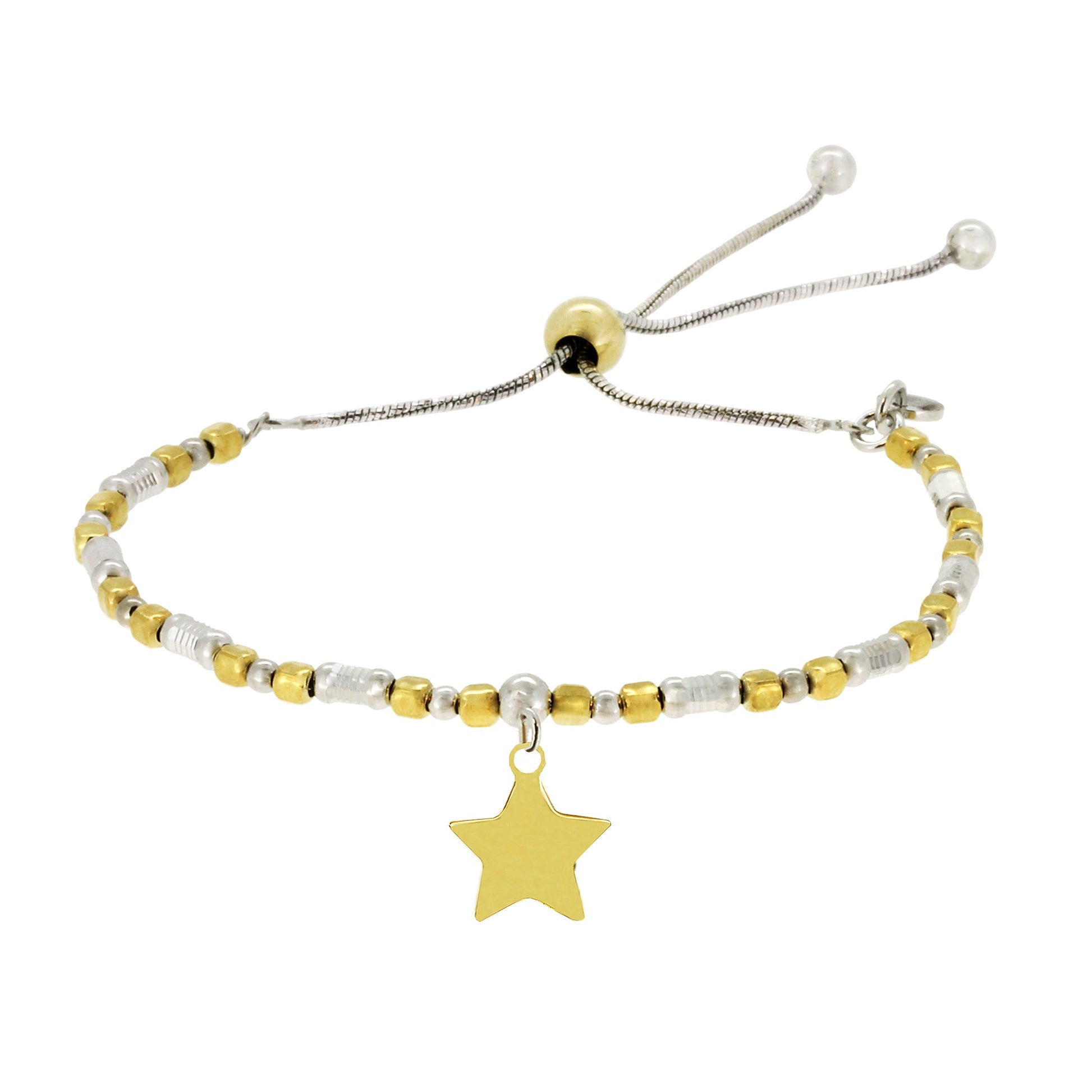 Franco Stellari Italian Sterling Silver Two-Tone Beads Dangle Star Bolo Bracelet