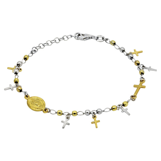 Stellari Gold Italian Two-Tone Crosses and Medallion Beaded Bolo Bracelet