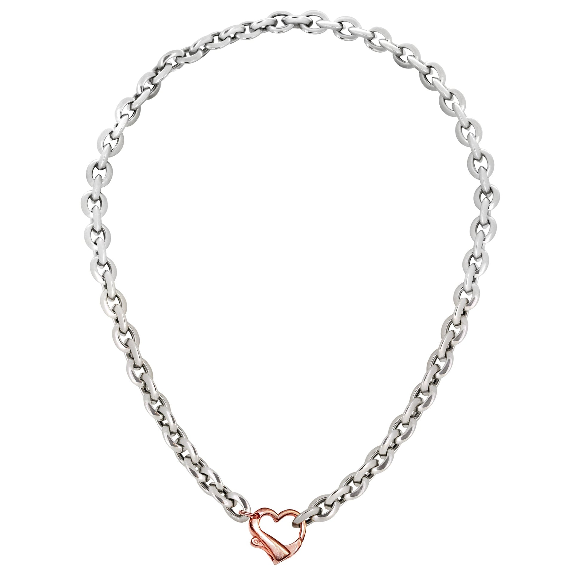 Franco Stellari Italian Sterling Silver Rose Gold Heart Clasp Link Necklace, 17"