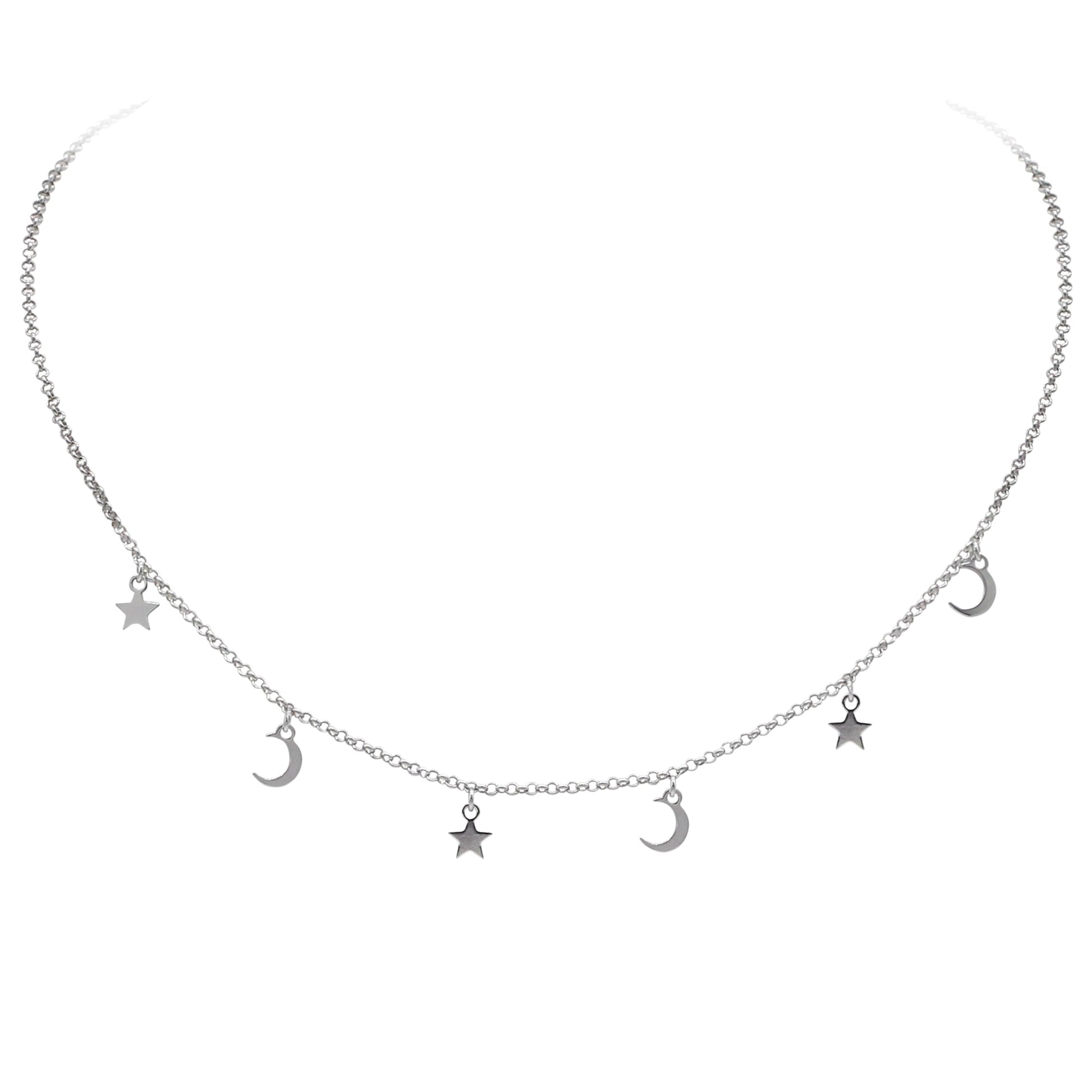 Italian Sterling Silver Dangling Moons and Stars Necklace