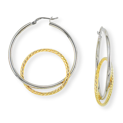 Franco Stellari Italian Sterling Silver 2-Tone Interlocking Circles Large Hoop Earrings